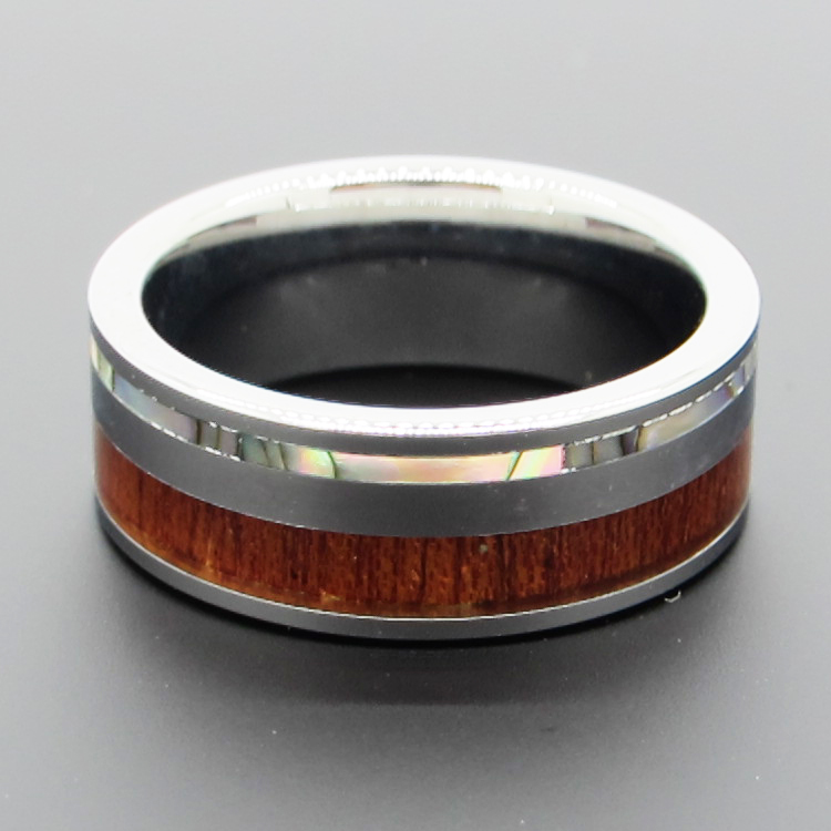 Bague de mariage en bois de carbure de tungstène avec incrustation de coquille d'ormeau