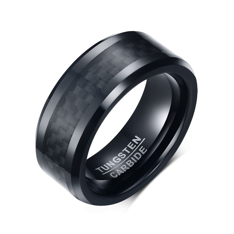 Bagues Punk en carbure de tungstène pour hommes, 8MM, incrustation de Fiber de carbone noire et bords biseautés, bague de mariage pour amoureux