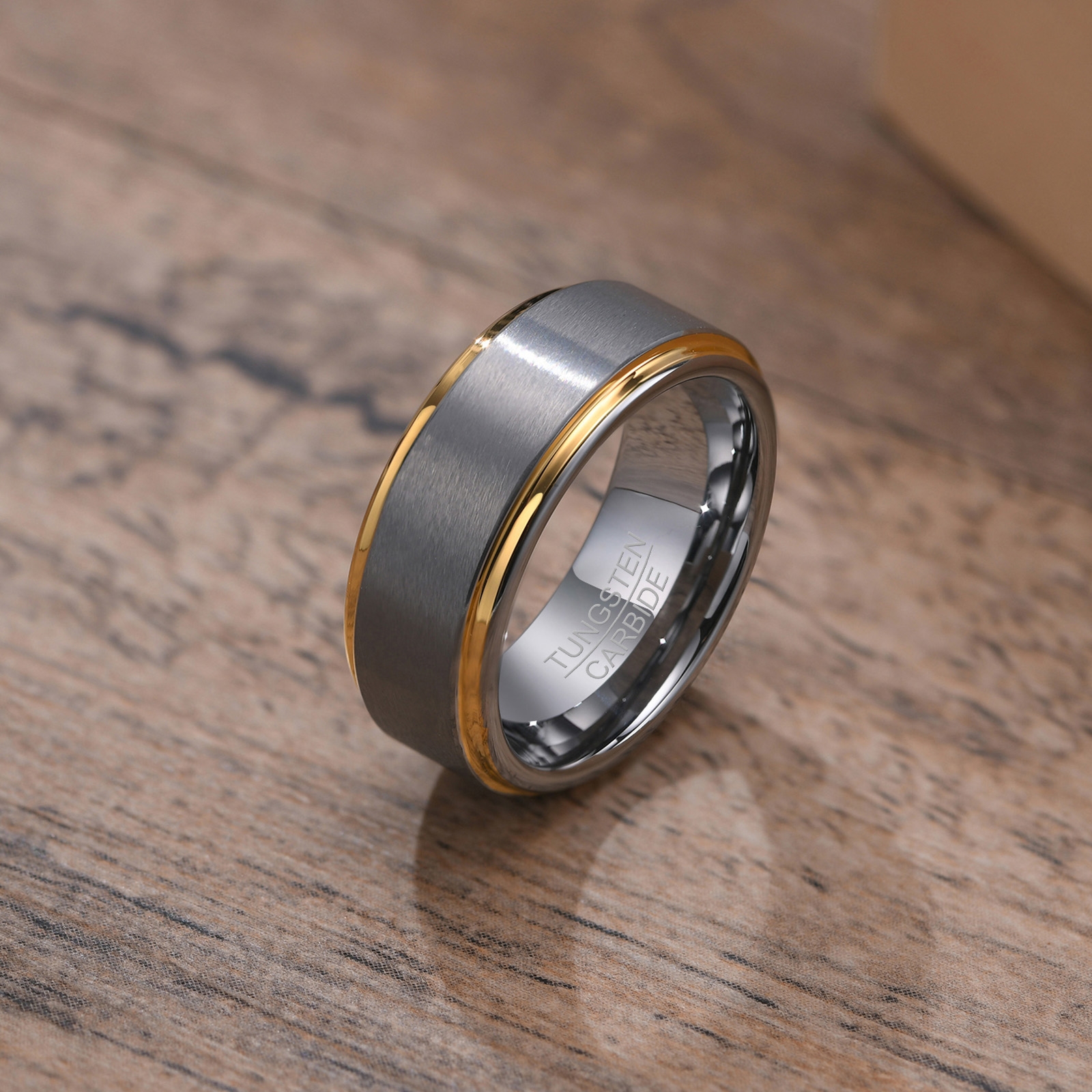 Bague de mariage en carbure de tungstène brossé pour hommes, finition polie, ajustement confortable, argent et or