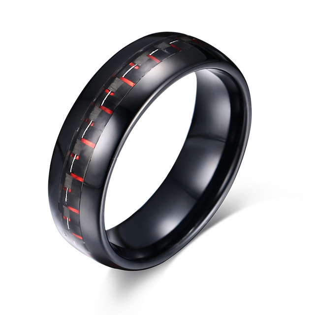 Bague de fiançailles en tungstène de 8mm, incrustation de Fiber de carbone, anneau en tungstène noir et rouge