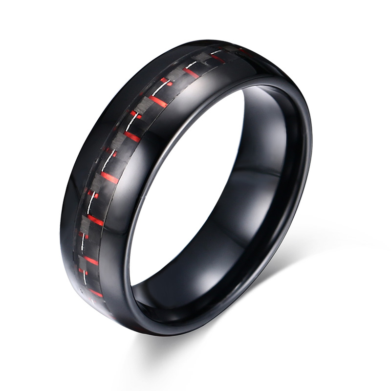 Bague de fiançailles en tungstène de 8mm, incrustation de Fiber de carbone, anneau en tungstène noir et rouge