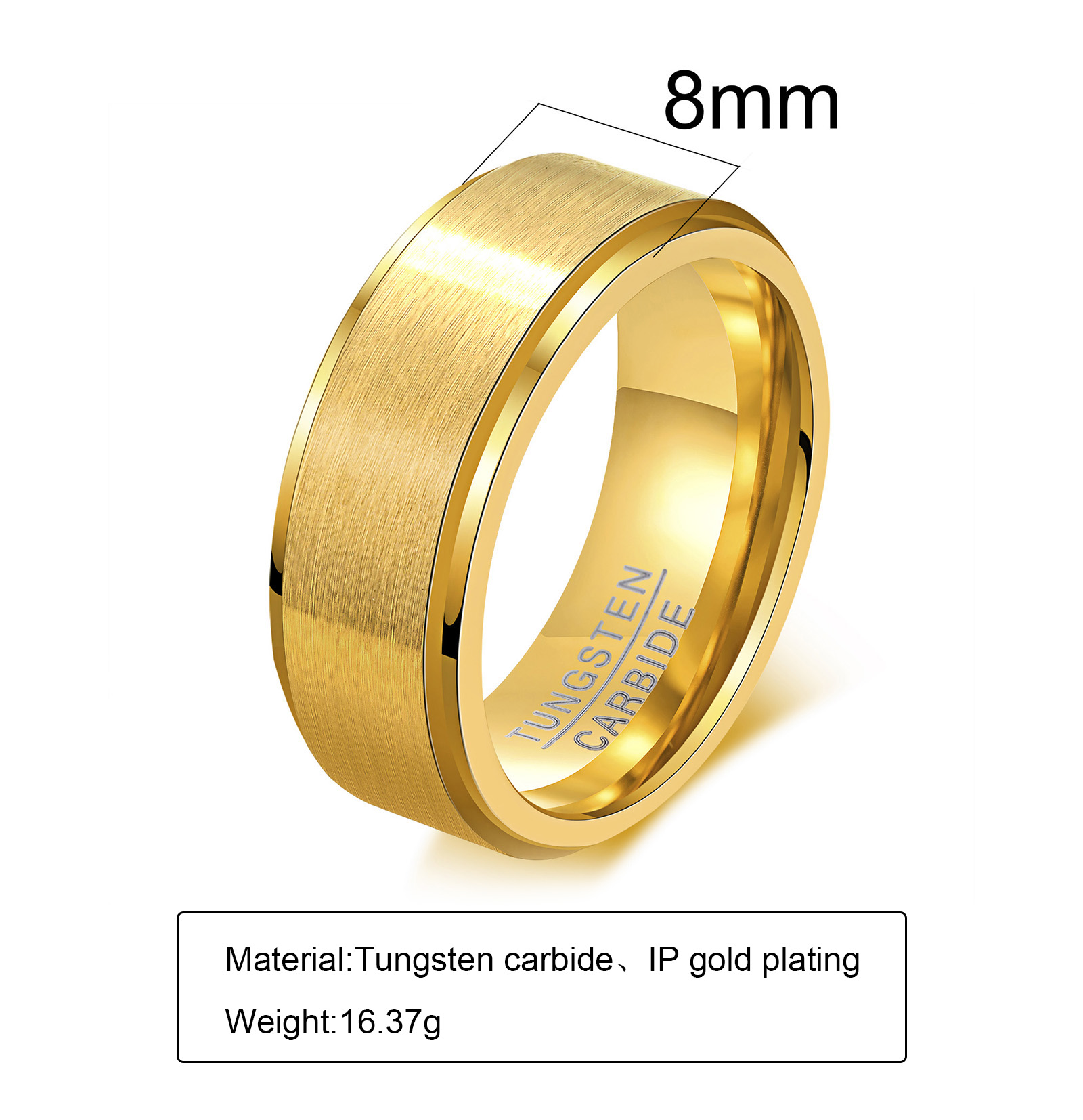 Bague de mariage en carbure de tungstène doré de 8 mm, alliance brossée pour hommes et femmes, ajustement confortable