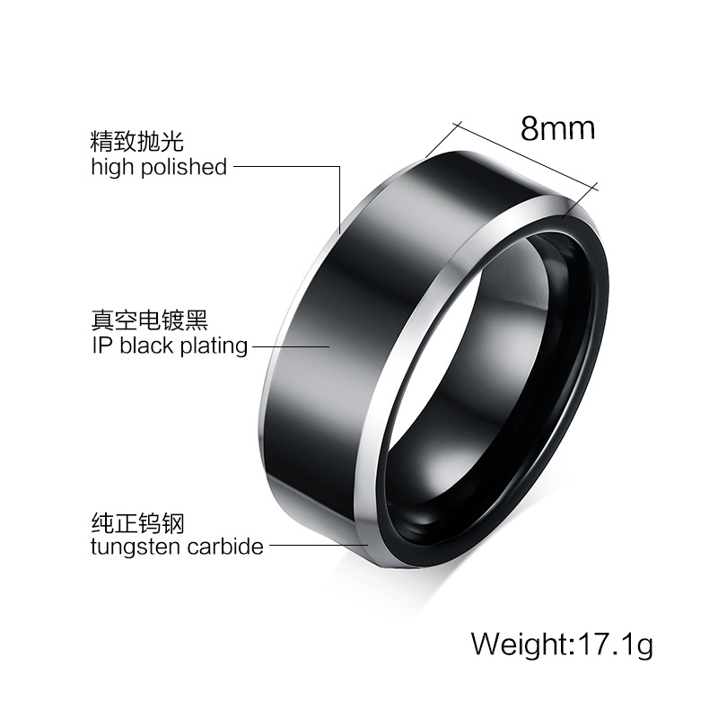 Bague en acier tungstène pur 8MM, bague tendance de couleur noire pour homme, cadeau pour petit ami