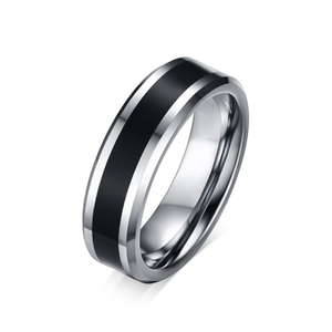 Bague en carbure de tungstène pour hommes, argent uni et émail noir, 6 mm