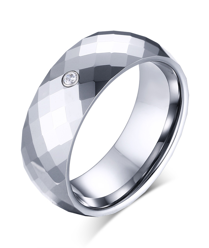  Bague en tungstène en argent CZ à facettes taille diamant brillant de 8 mm