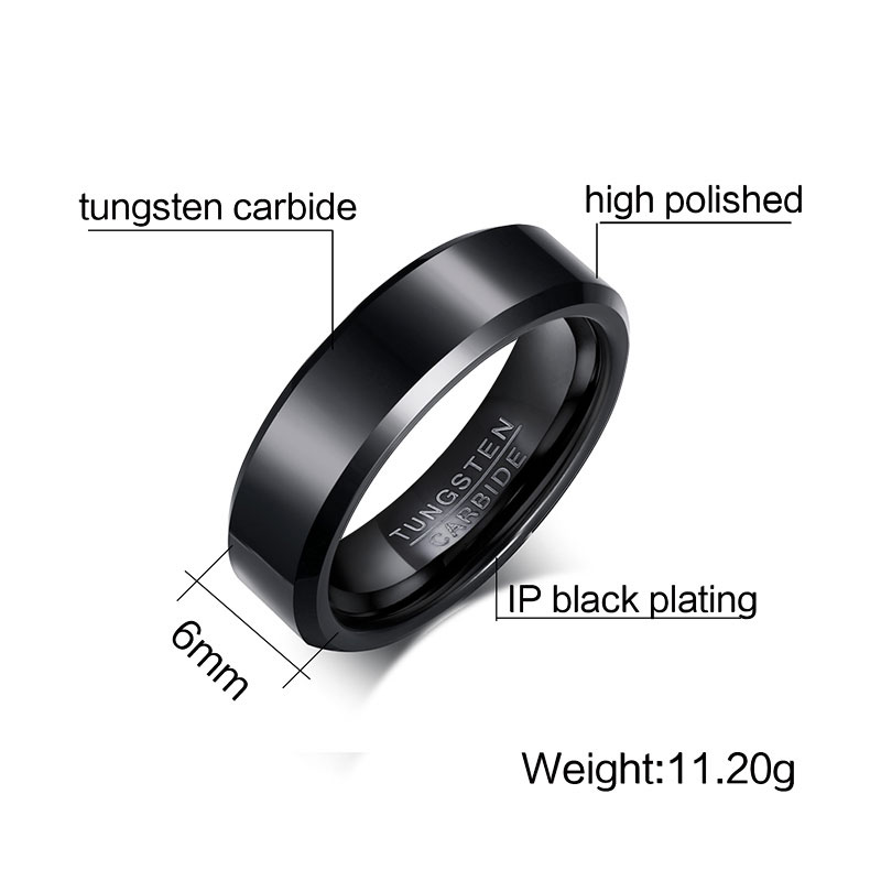 Bague en carbure de tungstène noir de 6mm, alliances pour hommes et femmes, bords biseautés polis