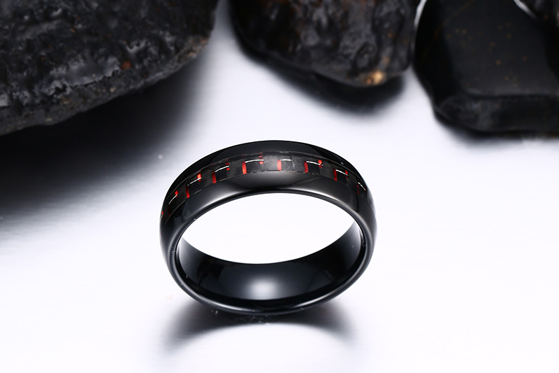 Bague de fiançailles en tungstène de 8mm, incrustation de Fiber de carbone, anneau en tungstène noir et rouge