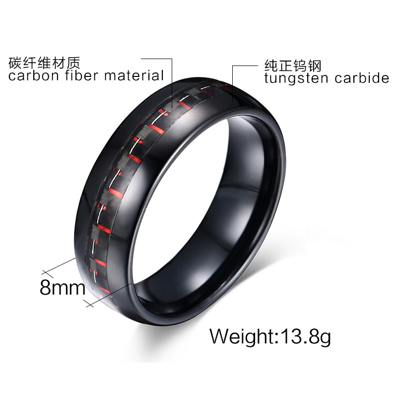 Bague de fiançailles en tungstène de 8mm, incrustation de Fiber de carbone, anneau en tungstène noir et rouge