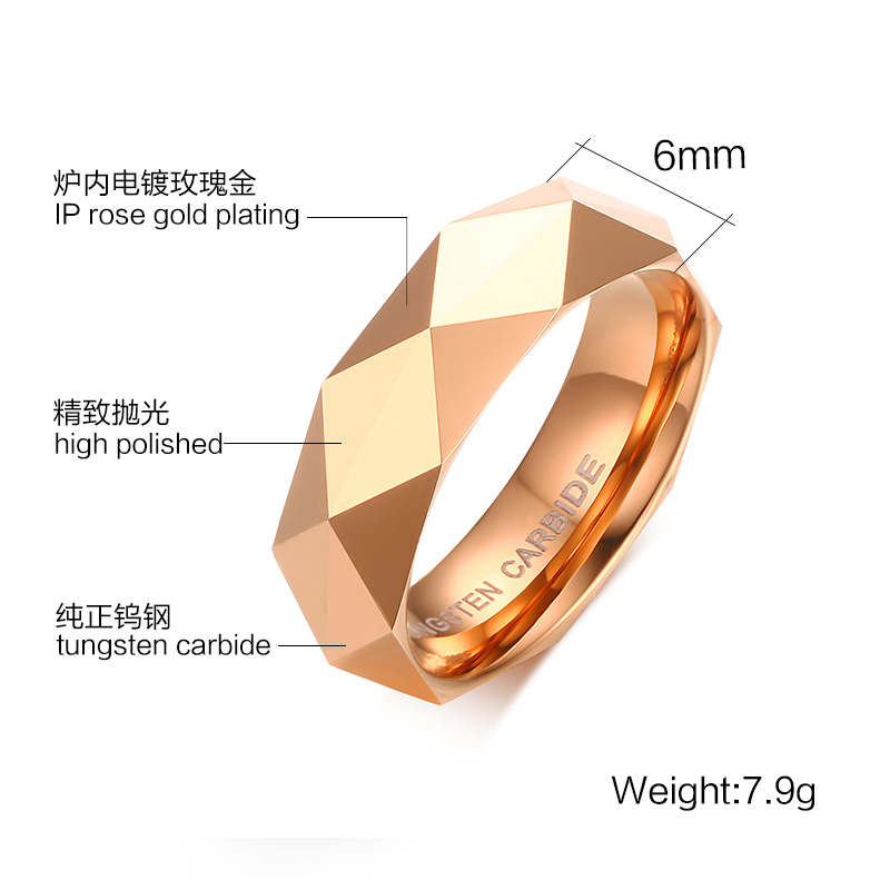 Les fabricants chinois conçoivent des bagues de mariage en carbure de tungstène de 6 mm avec surface taillée en diamant avec de l'or rose pour hommes